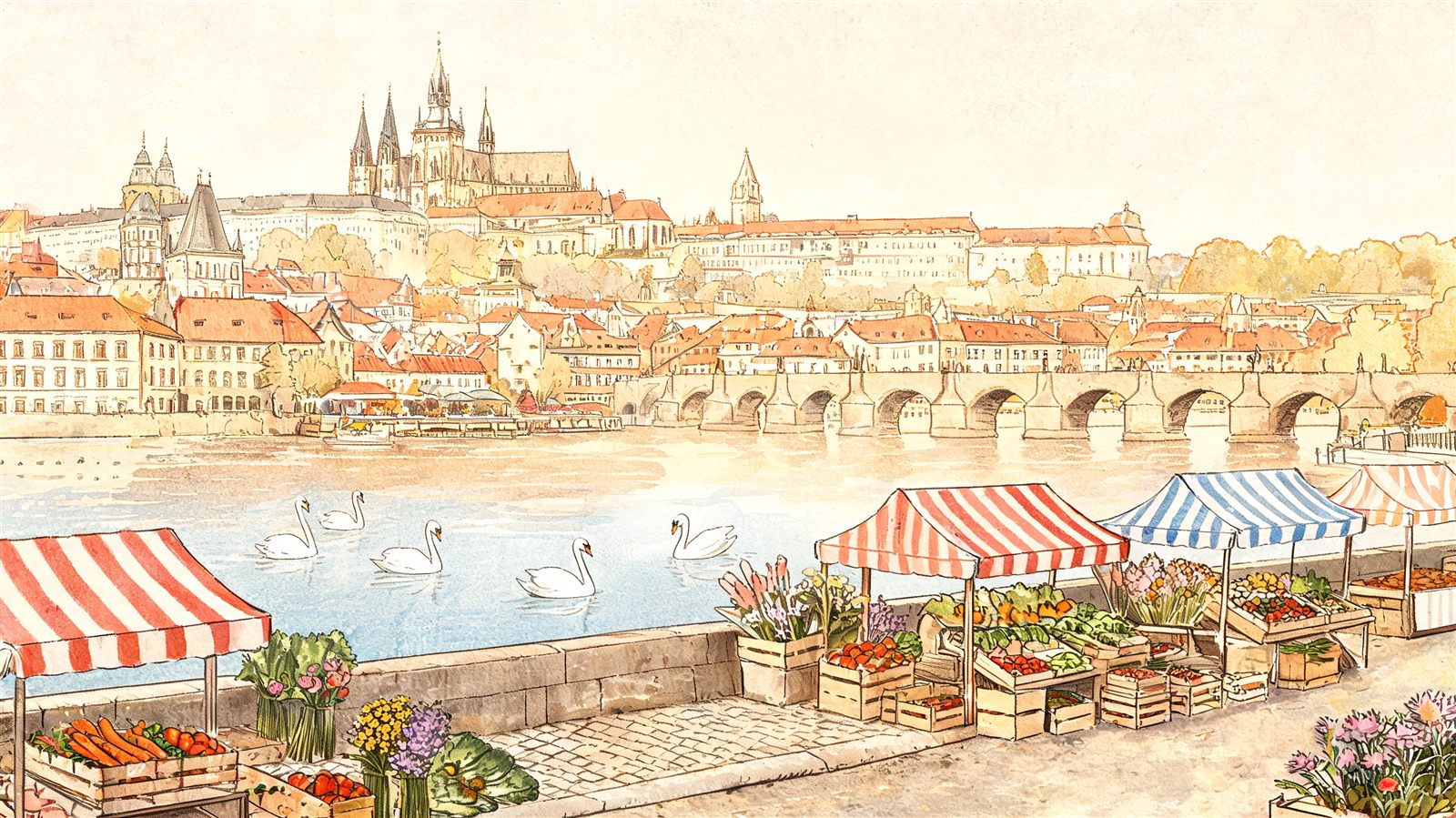 Прага: набережная Náplavka и фермерский рынок — акварель